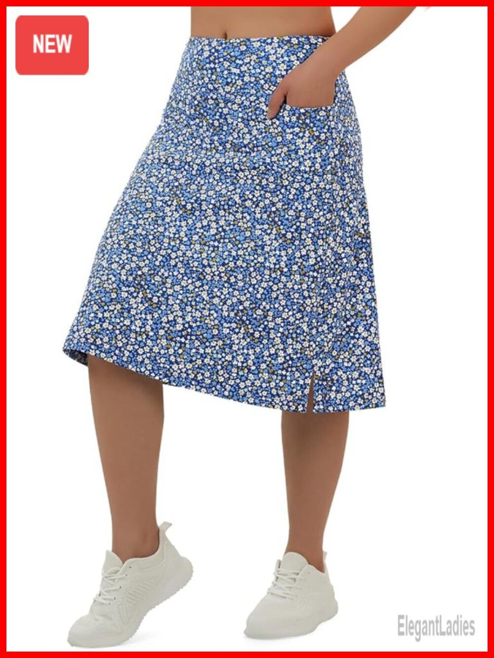 Midi Length Skort with 3 Pockets Knee Length High Waisted Active Skirt
